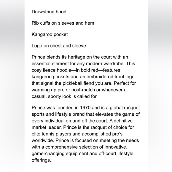 Prince For Target Pickleball Fleece
Hooded Pullover Sweatshirt Red new - Picture 5 of 7